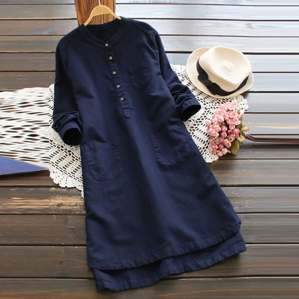 Tunic Shirt Dress 2023 Spring Women Long Sleeve Botton Pocket Long Dress Female Casual Solid Dresses Linen Cotton Retro Vestidos