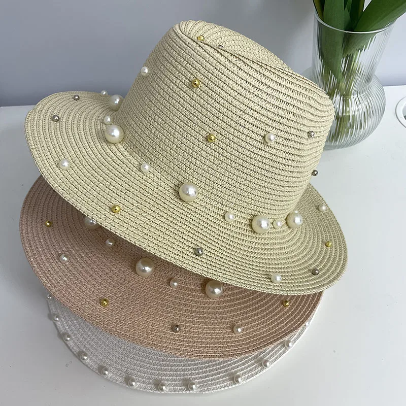 2022 Summer Beach cap Pearl Sun Hat Elegant women hats Fashion Fashion girl flat brim holiday sunscreen hat Straw Hat