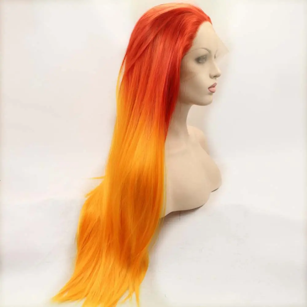 Parrucche Sylvia Parrucche anteriori in pizzo arancione per capelli da donna Parrucche sintetiche per capelli lunghi e setosi Fibra resistente al calore Ombre lunghe Orang