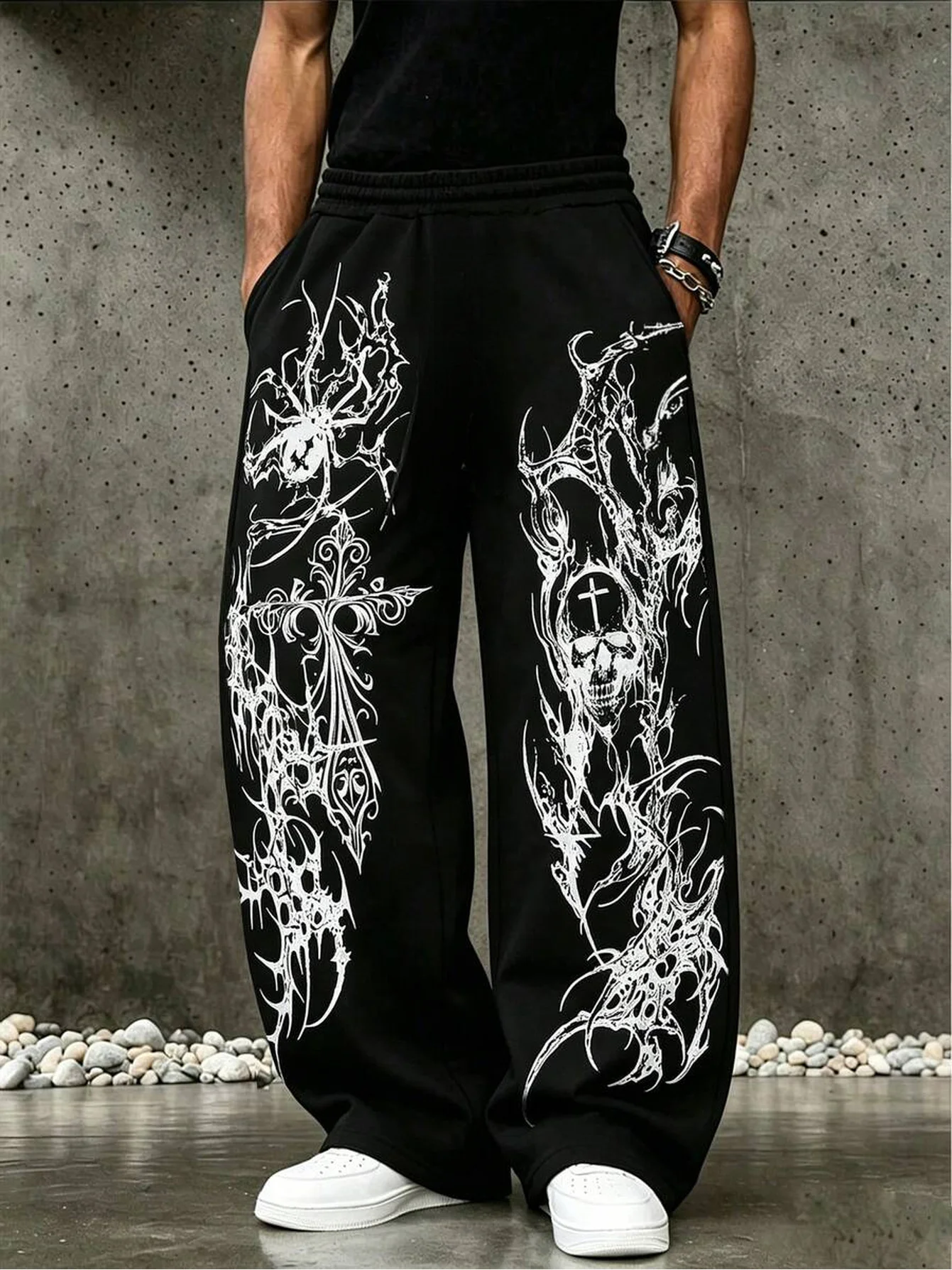 Unisex Alternative Streetwear Straight‑Leg Jogger Pants Men Women Gothic Skull Dark Art Print Trousers Emo Punk Casual Bottoms