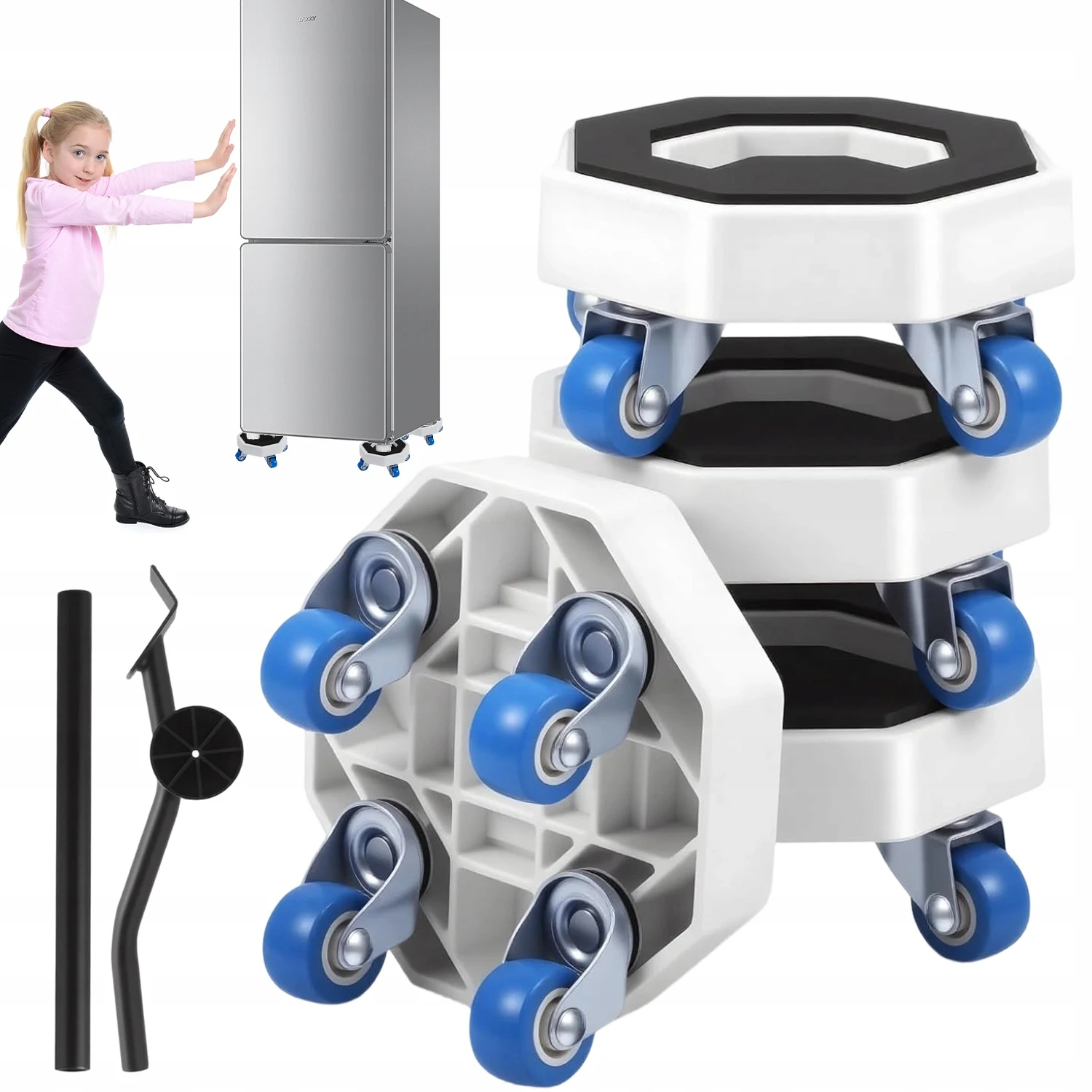 Lot de 4 chariots à roulettes pour meubles lourds, avec levier, plateforme antidérapante à rainures et roulettes pivotantes à 360 degrés pour faciliter le déplacement des canapés, des réfrigérateurs et des armoires dans le garage.
