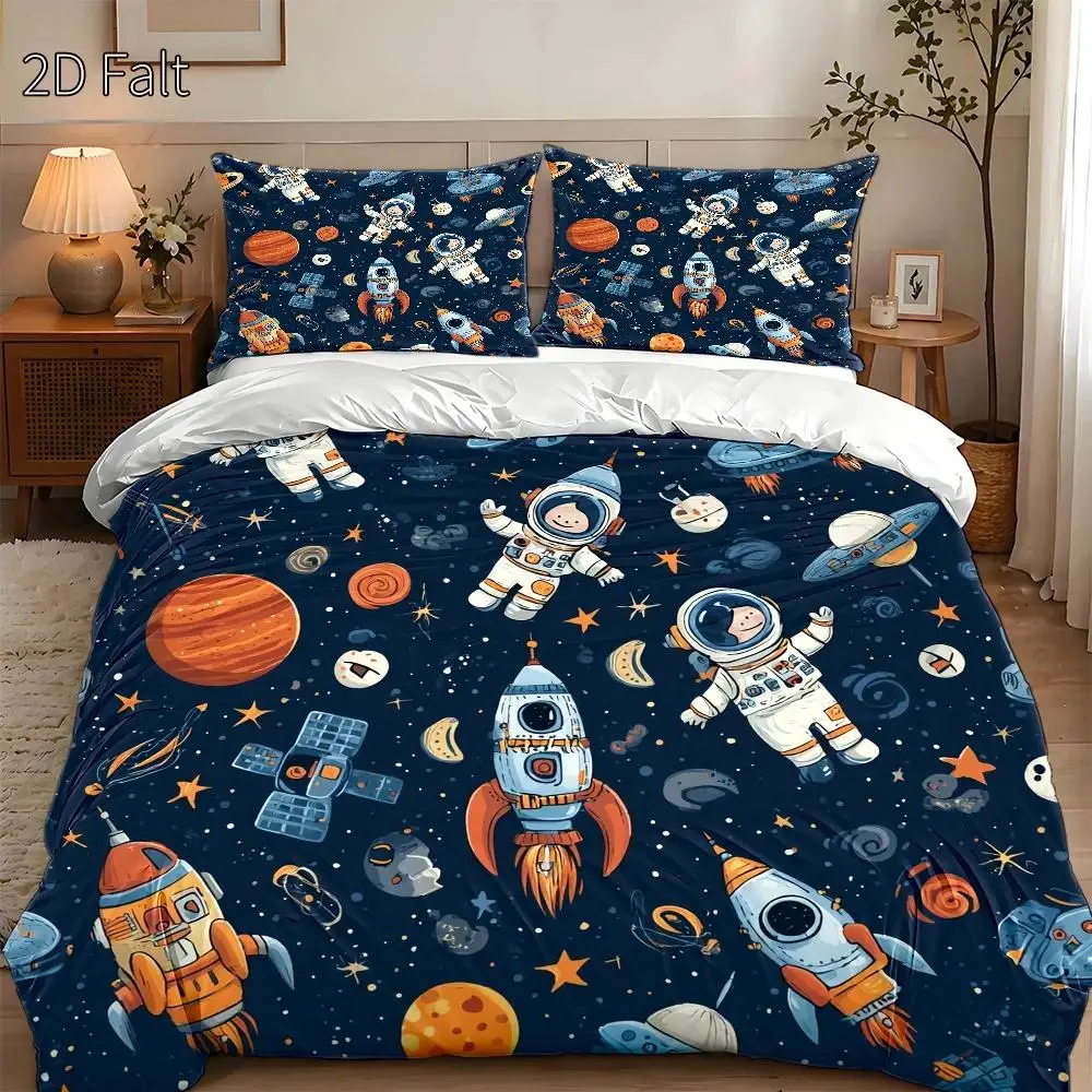 3-Piece Quilt Cover Set, 1 Quilt Cover + 2 Pillowcases (Without Filling) 2D Flat Priting, Three-Piece Quilt Cover Set, Space Astronaut Theme, Cartoon Hand-Drawn Style, Aerospace Festival, Suitable for All Seasons, Machine Washable, Invisible Zipper, Large Quilt Cover Set, Bedding Set, Skin-Friendly and Breathable, Soft and Comfortable, Does Not Fade or Pill, Suitable for Home/Dormitory/Master Bedroom/Guest Room