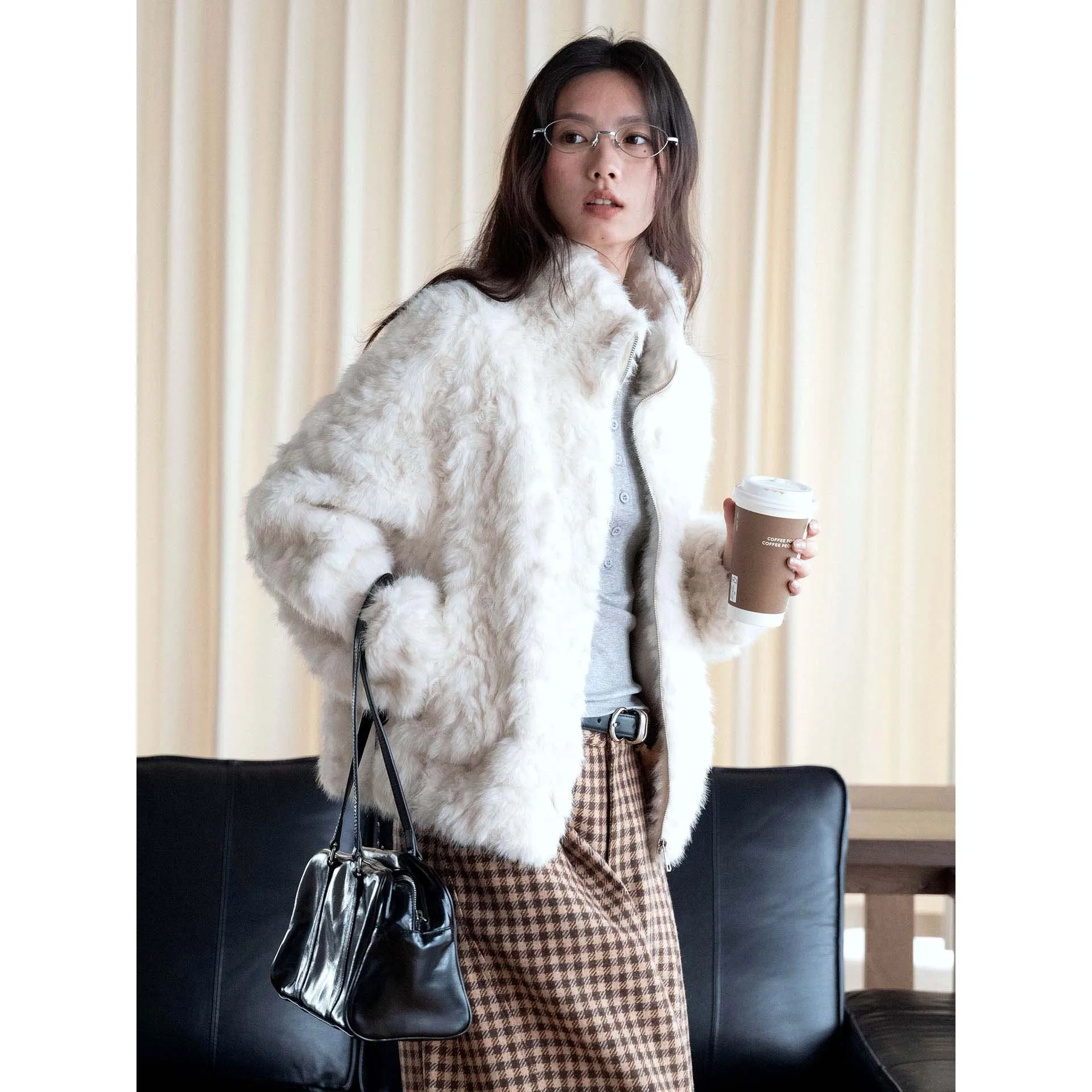 FANAN Women Faux Fur Jacket Stand Collar Zip Up Cropped Coat Loose Fluffy Long Sleeve Warm Winter Furry Outerwear For Ladies
