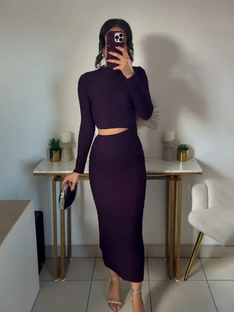 เดรสครอปผู้หญิง HH ดีไซน์หรูหรา เนื้อผ้ามีเท็กซ์เจอร์ ทรงเข้ารูป แขนยาว คอทรงโอ ผ้ายืดหยุ่น สไตล์มินิมอล สำหรับฤดูใบไม้ผลิ