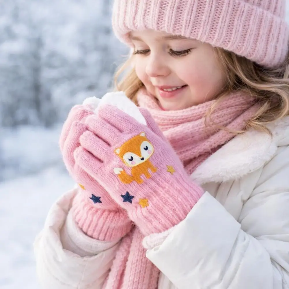 Cartoon Kids Winter Knit Gloves Cute Animal Design Stretchy Full Finger Warm Knitted Mittens for Boys Girls Toddler 4-7-12 Years