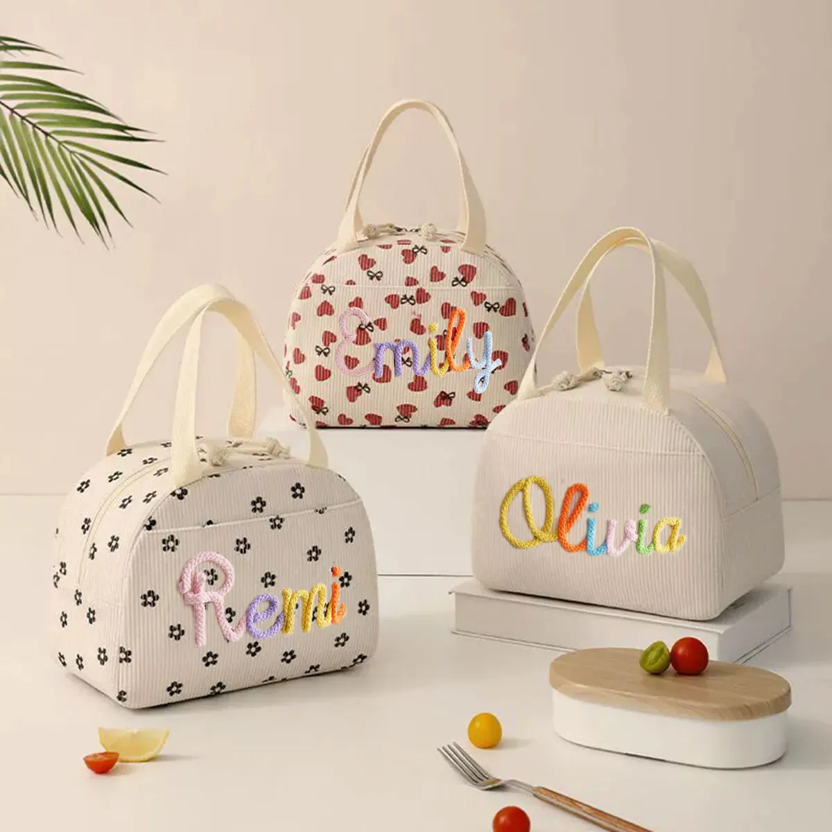 Custom Initial Tote Bag – Personalized High-Capacity Corduroy Insulated Lunch Bag; Back-to-School Gift, Vacation & Party Bag