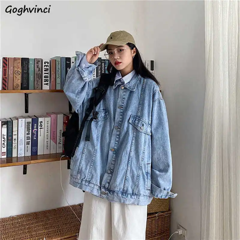 

Loose Solid Basic Denim Jackets Women Casual Retro Streetwear Vintage All-match Outerwear Female Korean Stylish Ulzzang Trendy