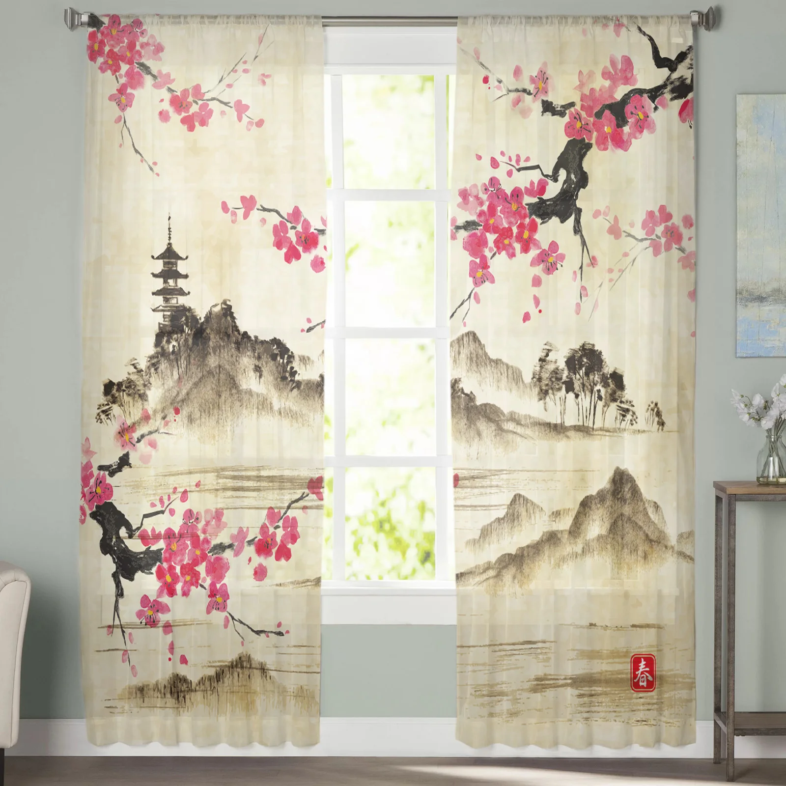 Chinese Style Ink Painting Flowers Landscape Sheer Curtains for Living Room Modern Bedroom Voile Tulle Curtain Window Drapes