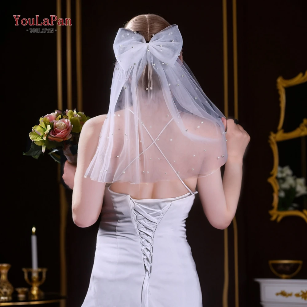 YouLaPan V04  2 Tier Wedding Veil Bow Veil Pearls Bridal Veil Short Veil with Comb White Ivory Veil for Bachelorette Party