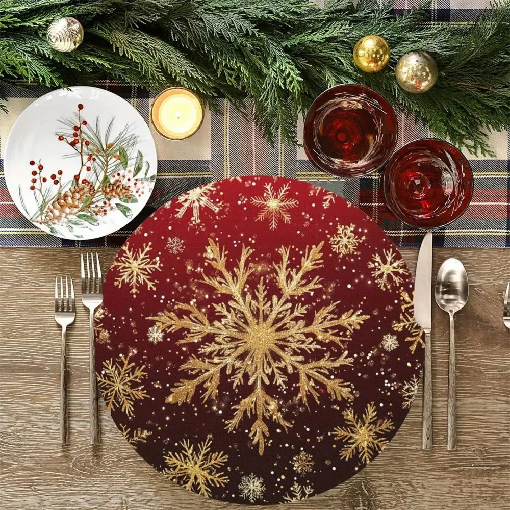 4Pcs Anti-slip Christmas Round Placemat Stain-resistant Santa Claus Linen Placemat Washable Heat Resistant Snowflake Placemat