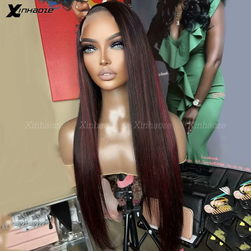 Silk Base Closure Wigs Burgundy Highlight 1B/99J Straight Hair Wig 13×6 HD Lace Frontal Wig for Women Human Hair 180% Density