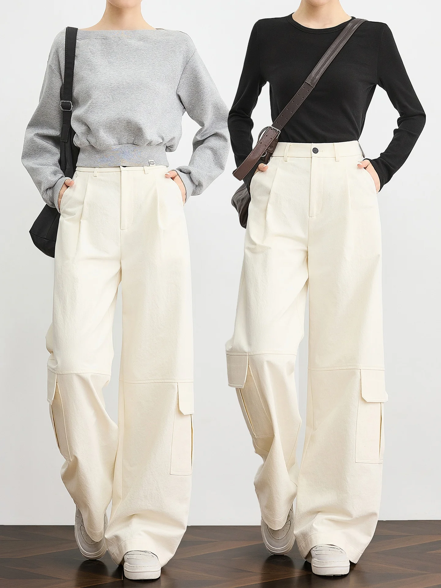 

TUMPUS High Waist Wide Leg Cotton Work Trousers Women's Faion Trendy Linen Color Casual Pants Commute Sle Pure Color