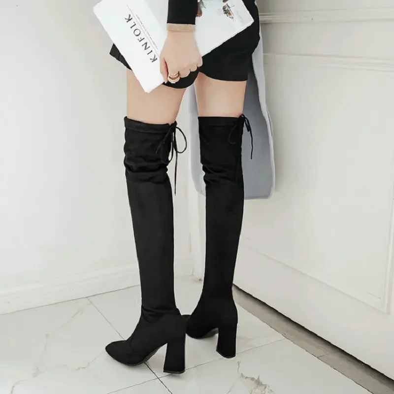 

Winter Warm Lady Overknees Chunky High Heels Burgundy Black Woman Shoes Plus Size 44 45 46 Over-the-knee Stretch Boots Women