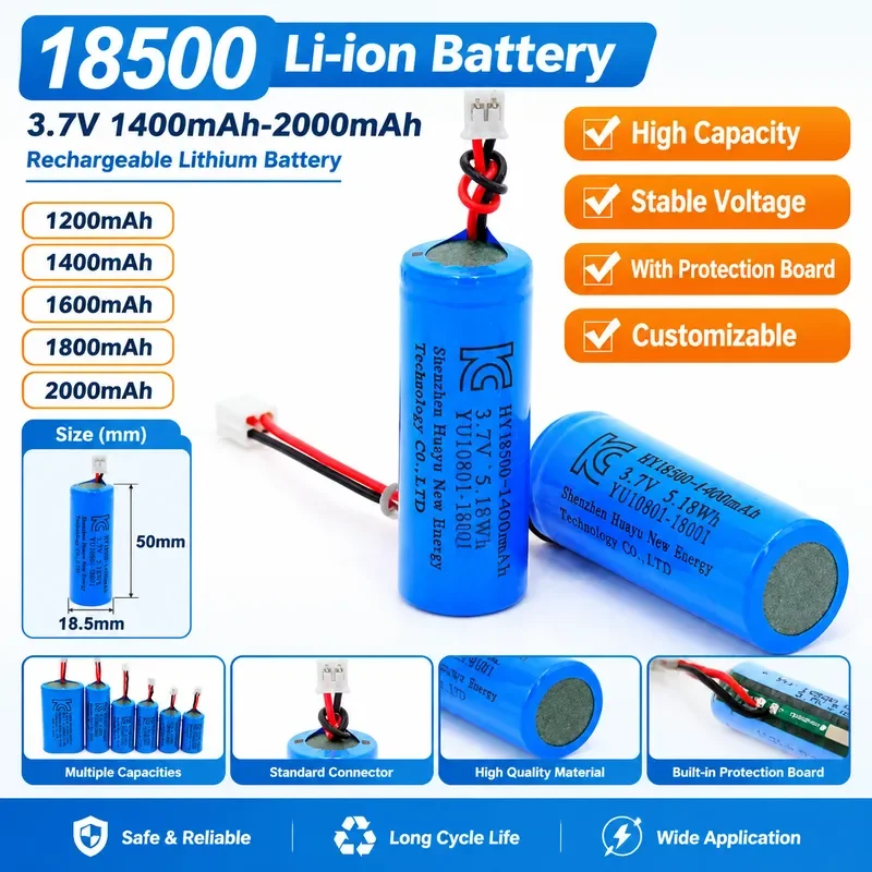 100PCS 1200mAh 18500 Rechargeable Lithium Battery 3.7V with Protection Plate and Outlet Belt for 18500 Lithium Battery
