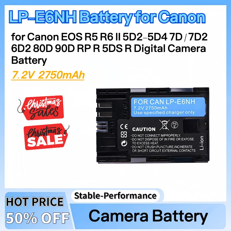 

2750mAh Fully Decoded LP-E6NH Battery for Canon EOS R5 R6 II 5D2-5D4 7D/7D2 6D2 80D 90D RP R 5DS R Digital Camera Battery