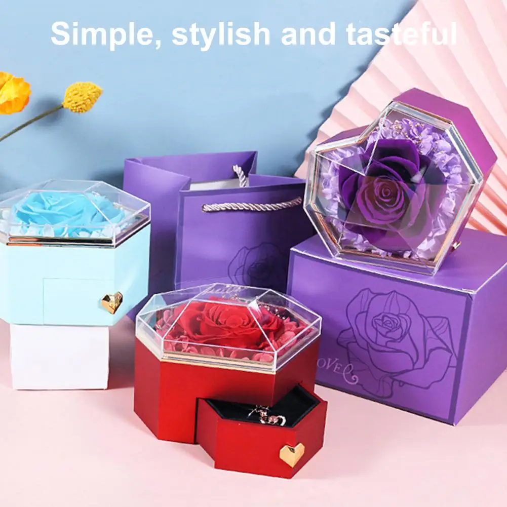 Heart-shaped Ring Box Eternal Love Preserved Rose Jewelry Box Set for Her Heart Shape Necklace Ring Holder with Hidden Drawer