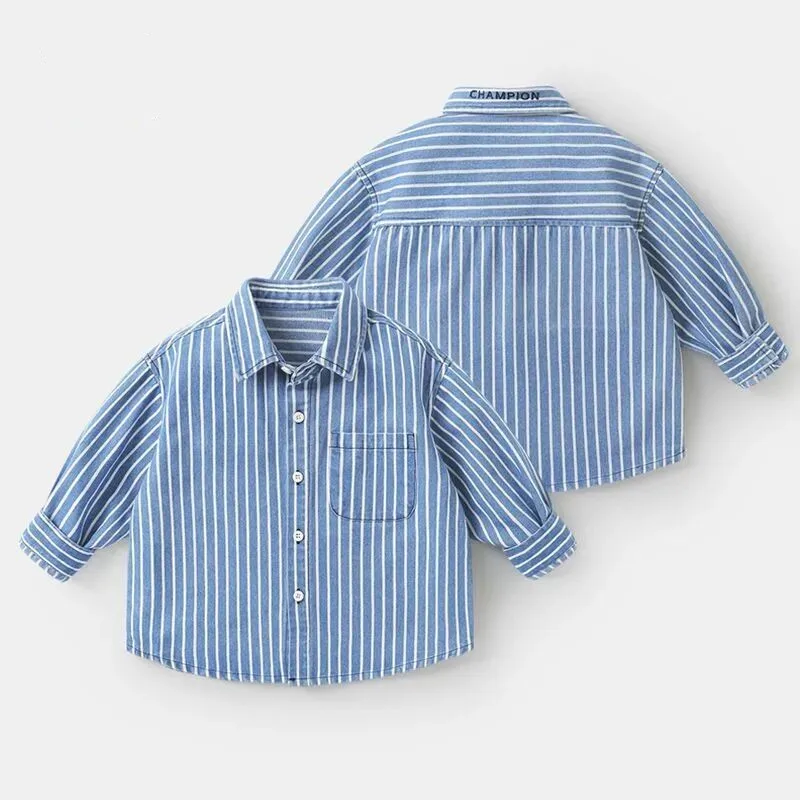 

Boys' denim shirt spring and autumn new style children's baby collar striped pure cotton shirt jacket