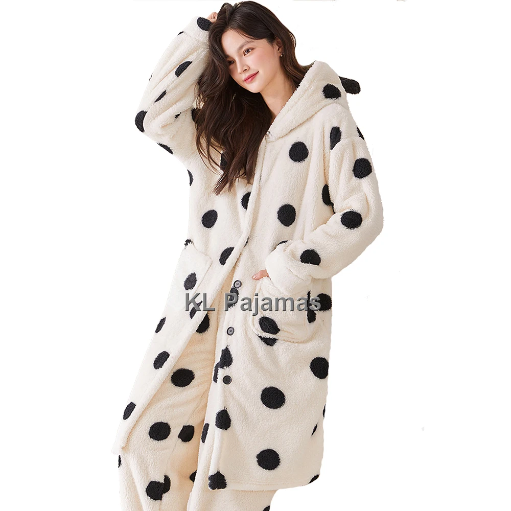 

Black Polka Dots Hooded Nightgown Pants Set For Women Flannel Winter Warm Pajamas Set 2 Pcs Set Sleepwear Nightdress Sleepshirt