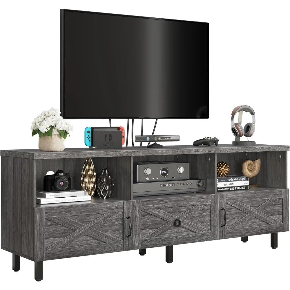 

Mid-Century TV Stand for 70/65/60/55 inch, Boho Wood TV Table Farmhouse Media Console with Storage Cabinet and Open Shelves