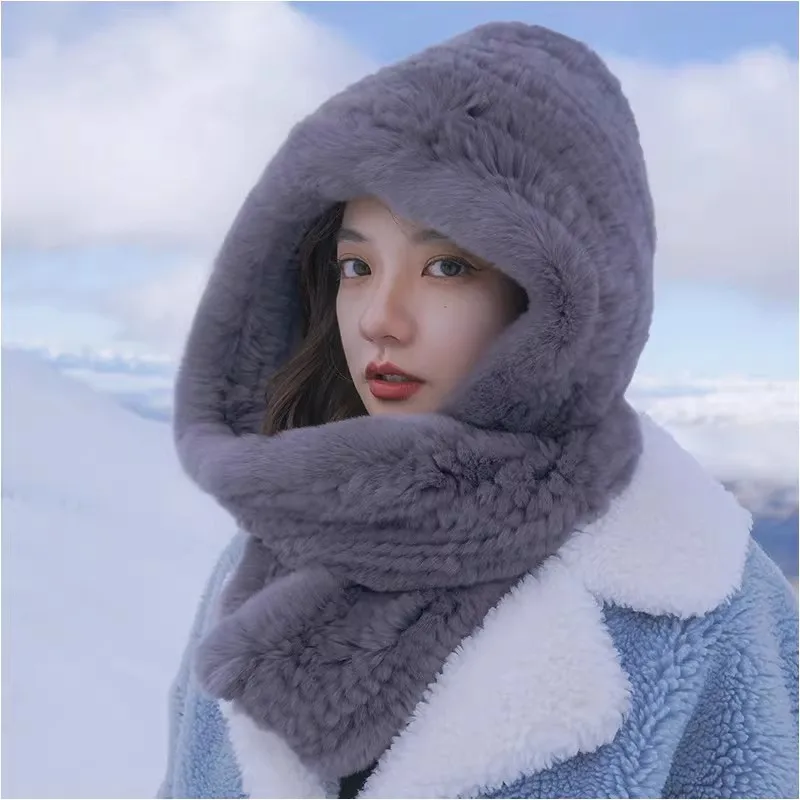 

Hot Sale New Women Real Knitted cap Rex Rabbit Fur Hat Hooded Scarf Long Winter Warm Fur Hat With Neck Collar Scarves Hat Scarf