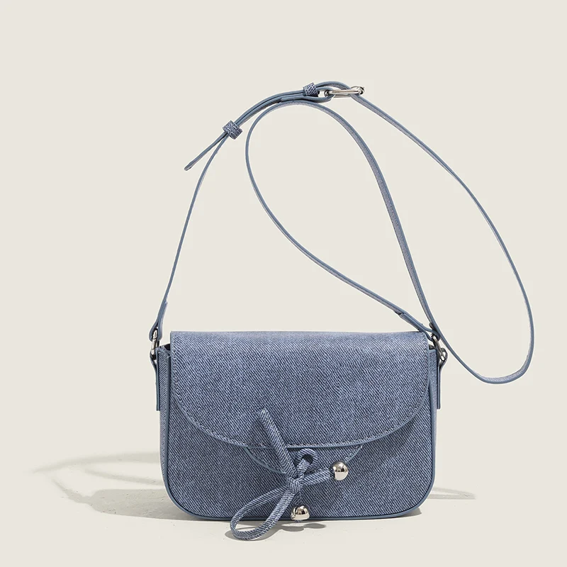 2024 New Lace-up Bow Denim Crossbody Bag Women High Quality Commuting Small Square Bags Fashionable Versatile Blue Shoulder Pack