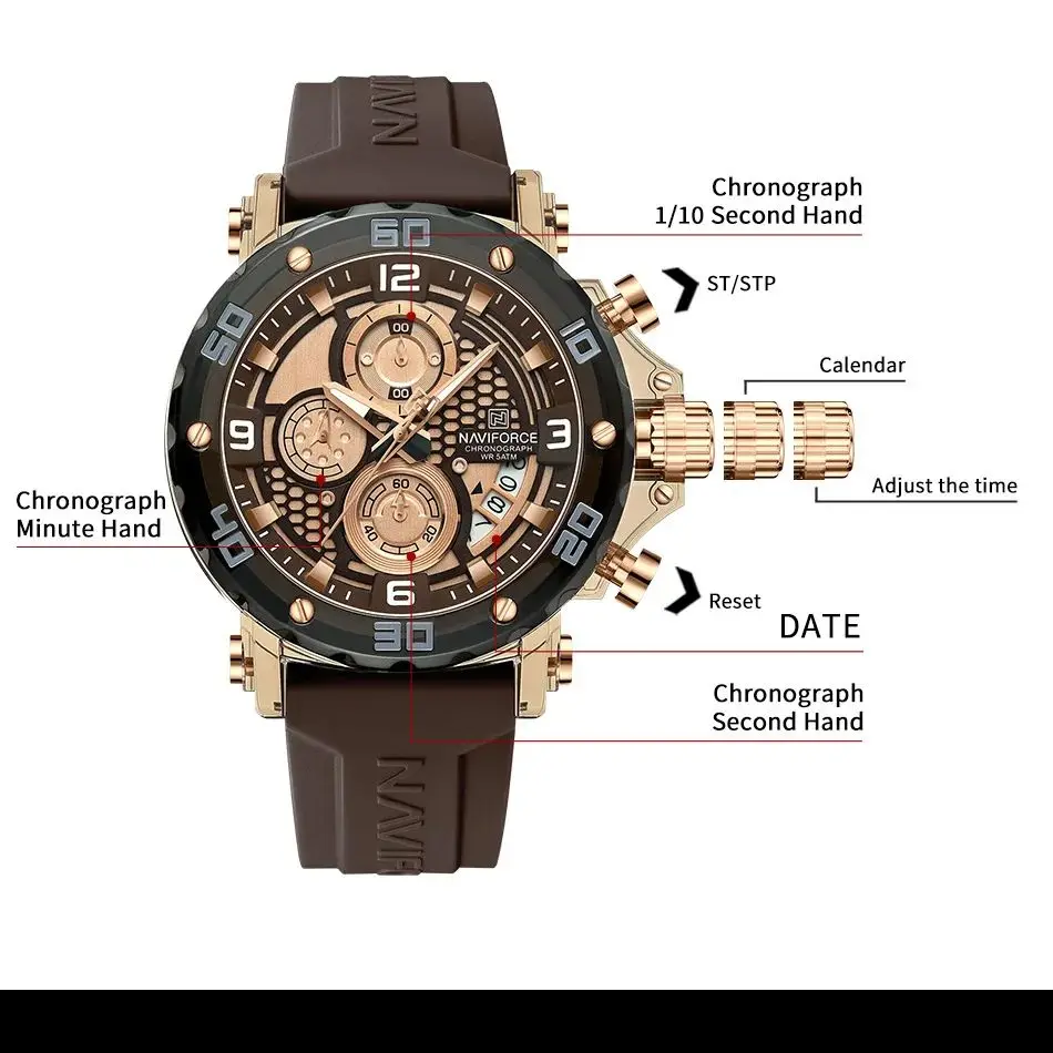 NAVIFORCE للرجال حزام سيليكون فاخر موضة ساعات كوارتز ساعة معصم رياضية كرونوغراف 5TM مقاوم للماء ساعات رجالية هدايا