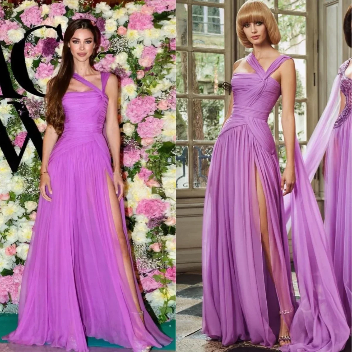 

Customized Hot Sale One Shoulder Purple Ruffle Chiffon Evening Dresses A-line Floor-Length فساتين السهرة vestidos de fiesta