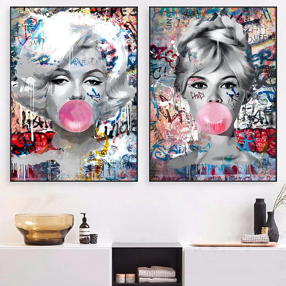 

Canvas Painting,Hepburn and Monroe Street Art Poster Pictures,Pop Graffiti,Chewing Pink Gum,Wall Art,Women Room,Home Decor Mural