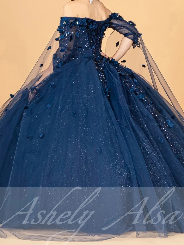 Maßgeschneidertes marineblaues Vestido De 15 Anos mit V-Ausschnitt, 3D-Blumenapplikation, Ballkleid, Damen-Geburtstagsparty-Kleid, 16. Abschlussball, Quinceanera 2025