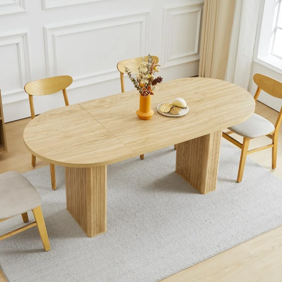 

70.8 Inch Kitchen Dining Table for 4-6 People, Oval Kitchen Table with Wood Strip Base, Modern Farmhouse Large Round Dining Room