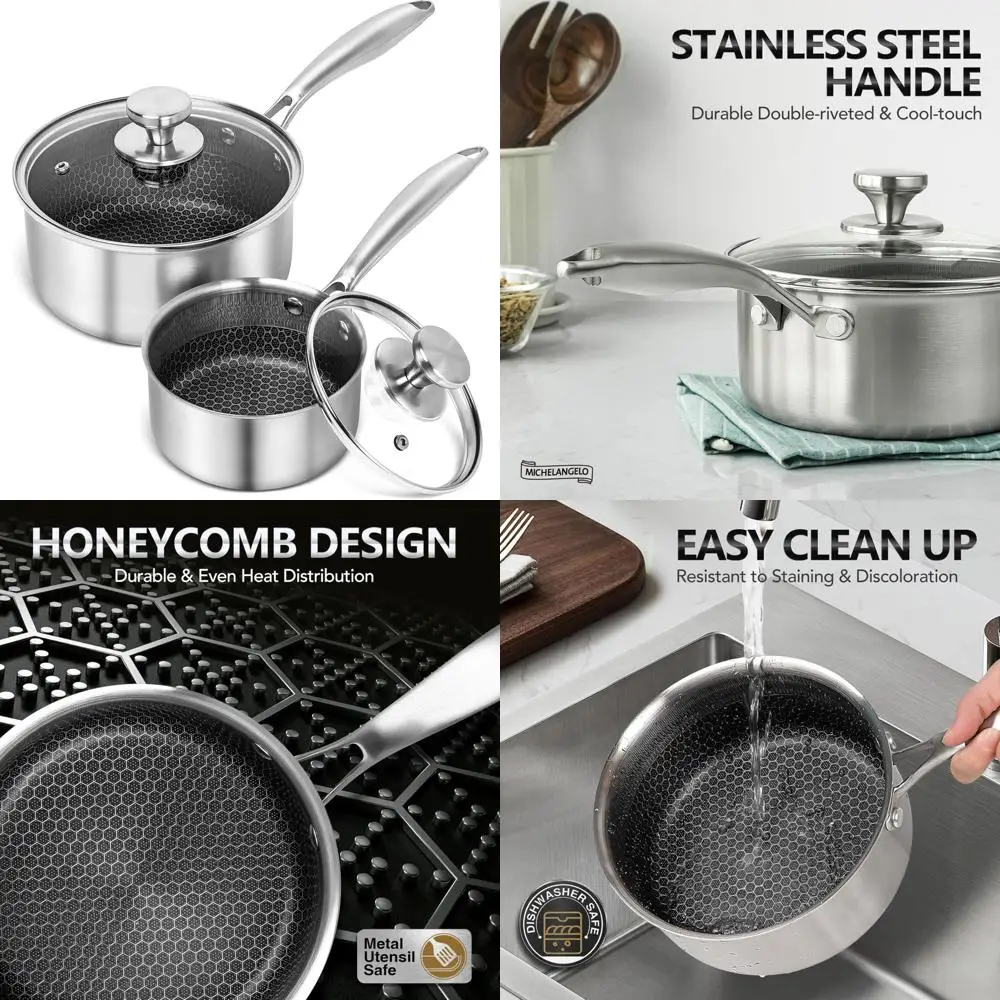 

michelangelo stainless steel saucepan set 1qt & 2qt, premium triple ply sauce pan with lid, sauce pot with honeycomb interior -