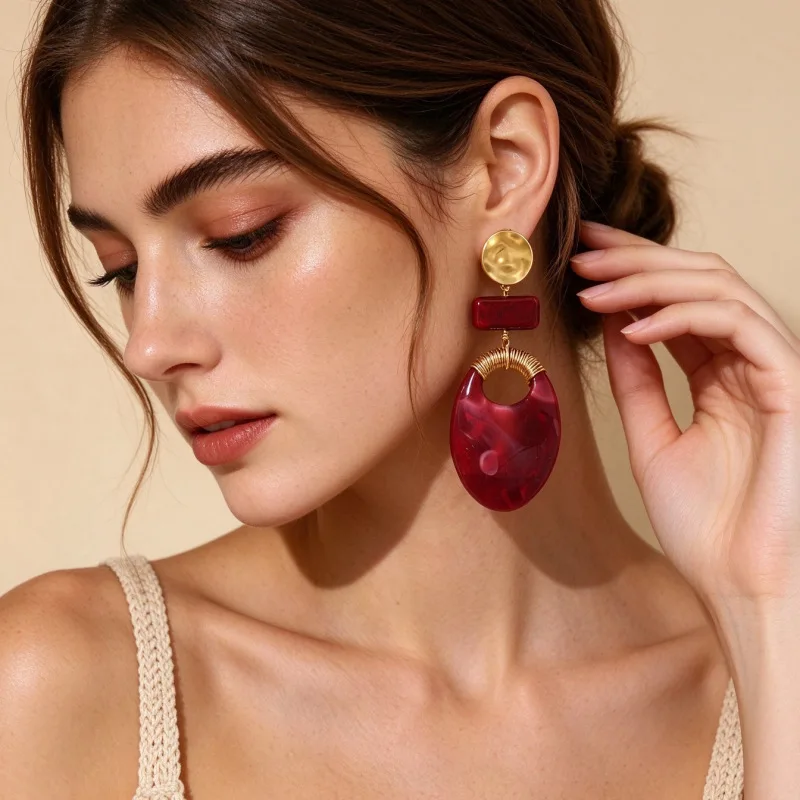New Vintage Oval Openwork Resin Earrings for Women Swirl Marbled Gold Coil Burgundy Minimalist Elegant Classic Luxury Party Gift