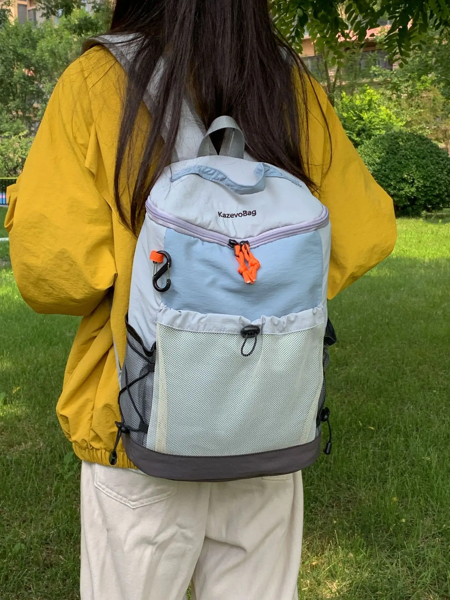 Women Color Block Drawstring Backpack Lightweight Nylon Mesh Pocket Outdoor Travel School Casual Daypack Shoulder Bag