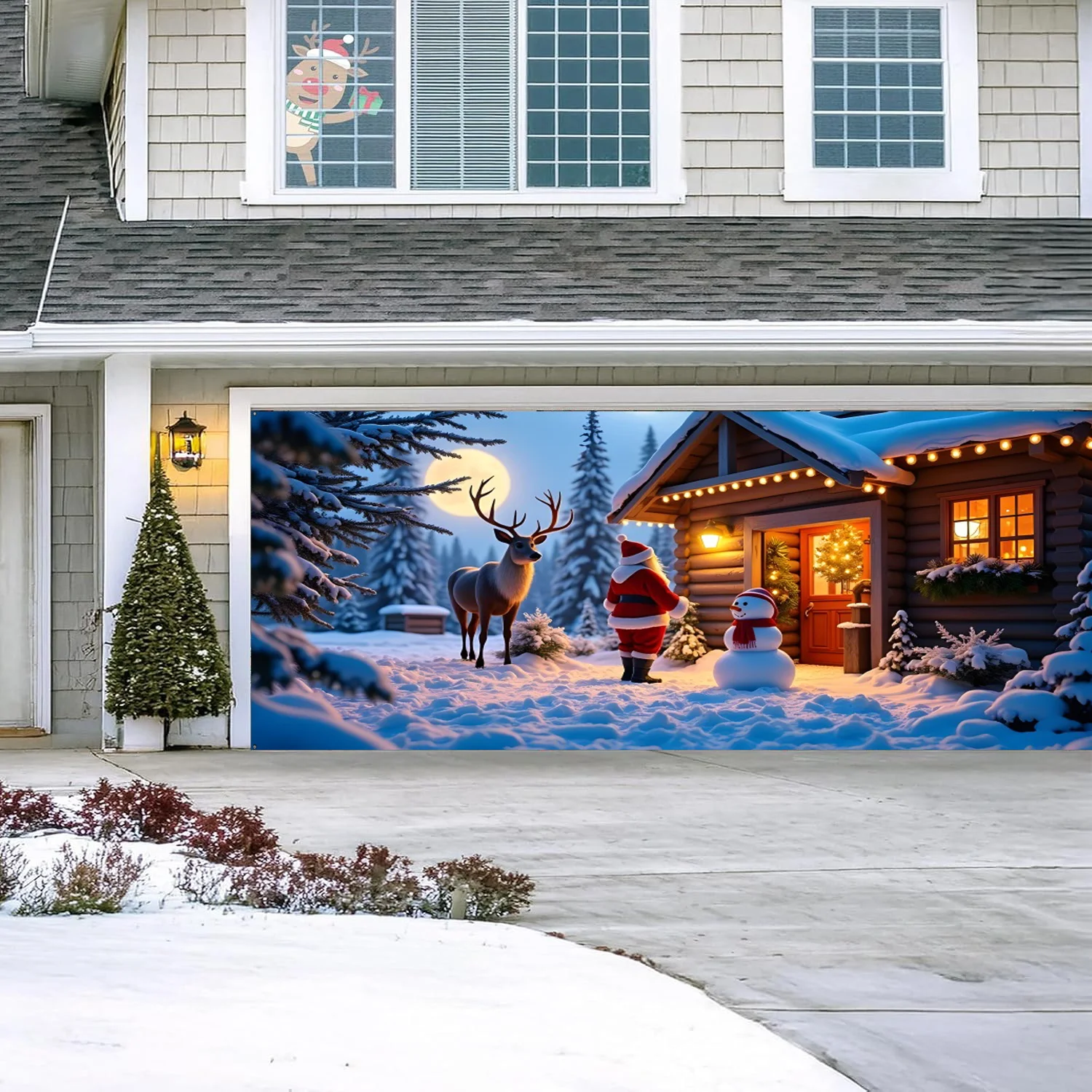 Winter Christmas Garage Door Cover Snow Sants Claus Reindeer Snowman Backdrop Xmas Party Yard Wall Decoraton Photo Background