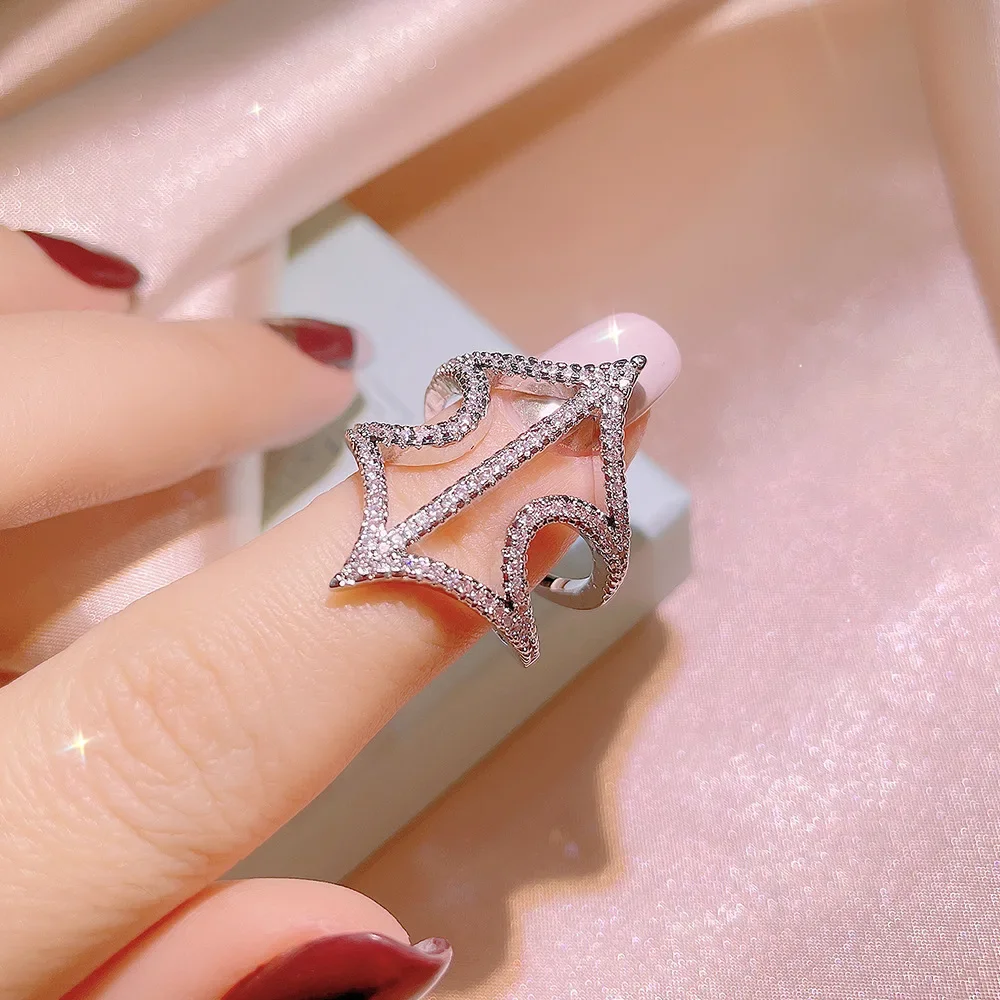Exaggerated 925 Sterling Silver Jewelry Shiny Zircon Women's Rings Sterling Silver Ring Solid Bands Hollowed Out Fine Jewelry