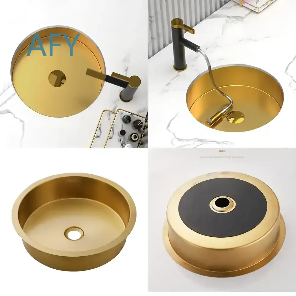 Round Gold 304 Stainless Steel Bathroom Sink for Under Table Basin Bar Wash Basin Single Basin Embedded Household Sink for