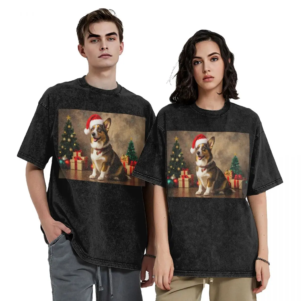 Cardigan Welsh Corgi Dog Christmas Washed T Shirts Casual Short Sleeve Hip Hop T-Shirt Streetwear Tops Tees for Men Women