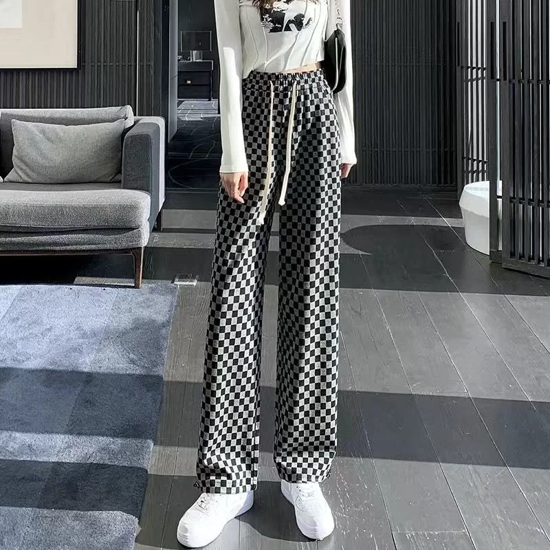 Clothing Casual Womens Pants Loose Trousers Woman Plaid High Waist Trends 2024 Baggy Nylon Elastic With Elegant Classy Aesthetic