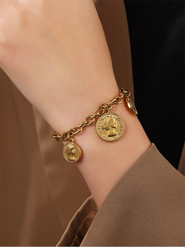 316L الفولاذ المقاوم للصدأ منحوتة الملكة عملة قلادة سوار للنساء الشرير القلب سحر سلسلة أساور مجوهرات هدية #2