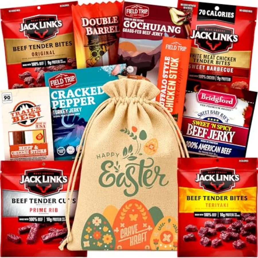 

Beef Jerky Easter Basket For Men - Adult Easter Baskets Already Filled With Jerky Variety Pack In Handmade Jute Bags Easter Bas