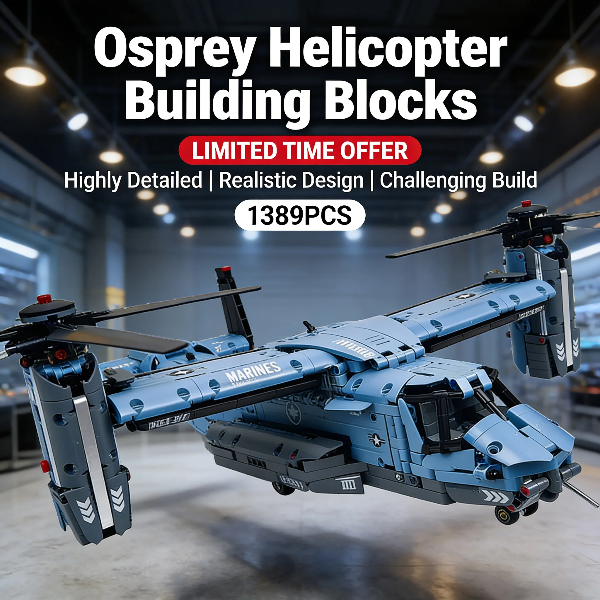 Nouveau 2026 – Blocs de construction hélicoptère V-22 Tiltrotor 1389 pièces – Modèle d'avion militaire pour enfants – Briques de construction DIY – Jouets et cadeaux pour adultes