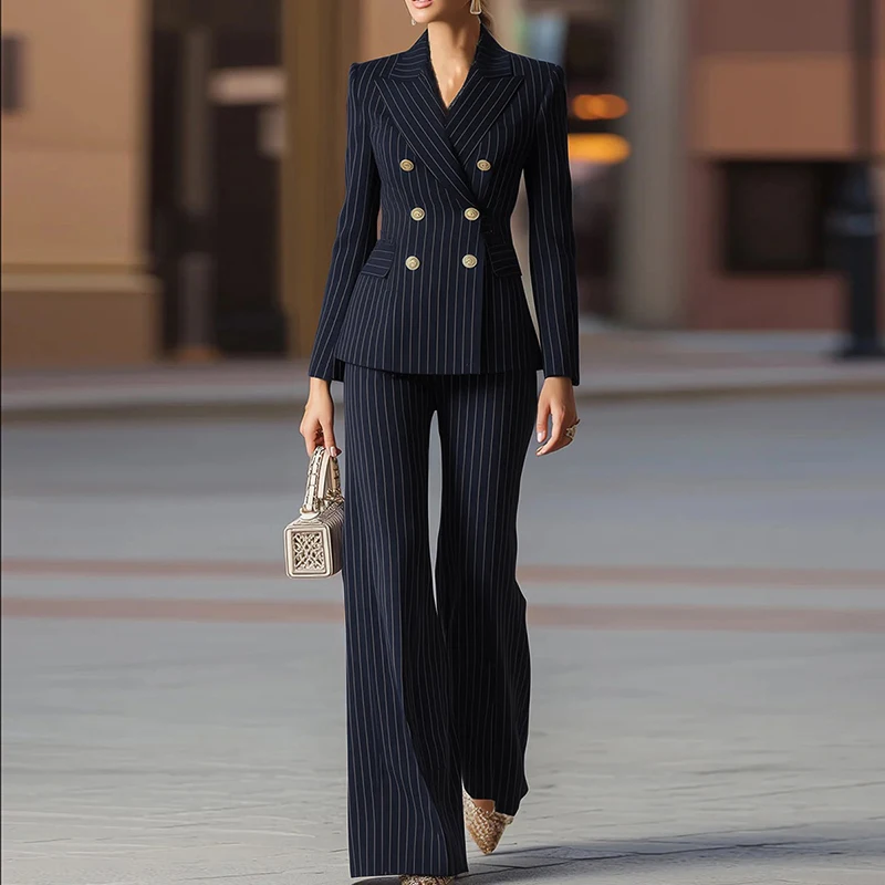 

Formal 2Pcs Blazer Pants Suits for Women 2025 Fall Winter Fashion Office Wear Striped Jacket Sets Outfit conjuntos de pantalones