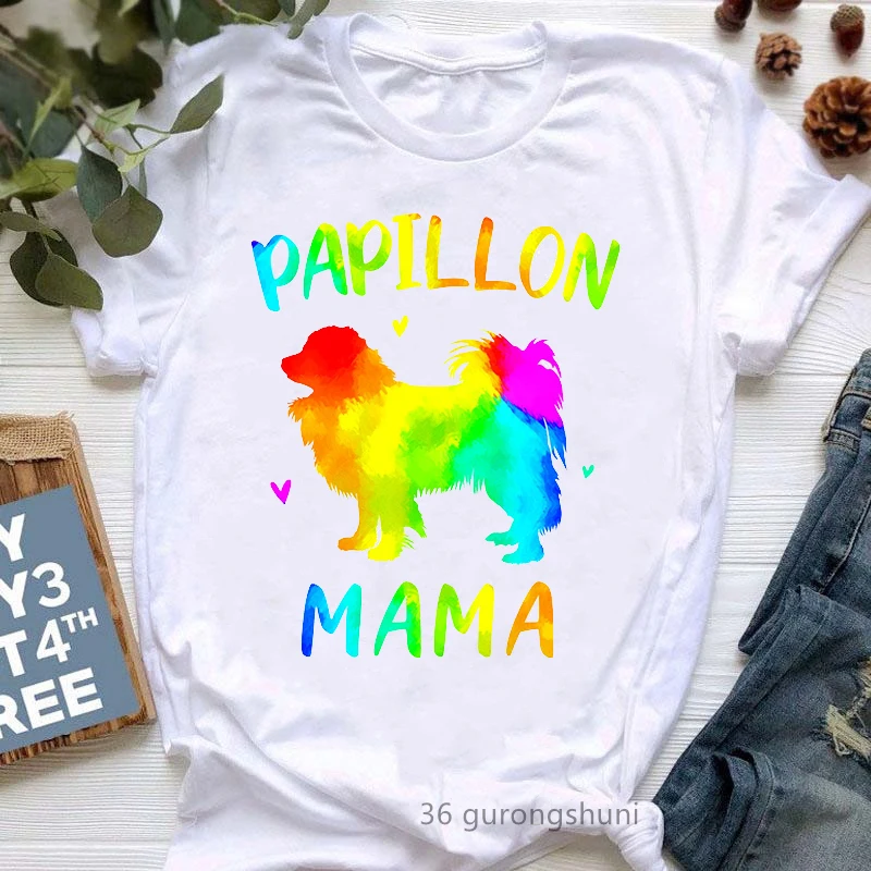 Rainbow Papillon Mama Graphic Print T Shirt Girls Cute Dog Lover Pet Tshirt Femme Harajuku Shirt Summer Fashion T-Shirt Female