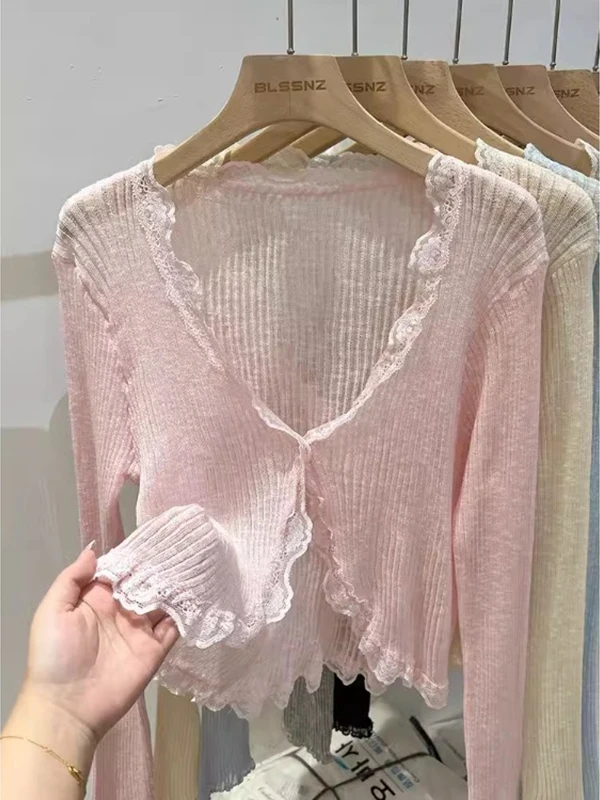 Lace Trim V-Ne Knitted Cardigan Women's Summer awl Outerwear Ice Silk Korean Sle Top Long Sve ort Length  Color