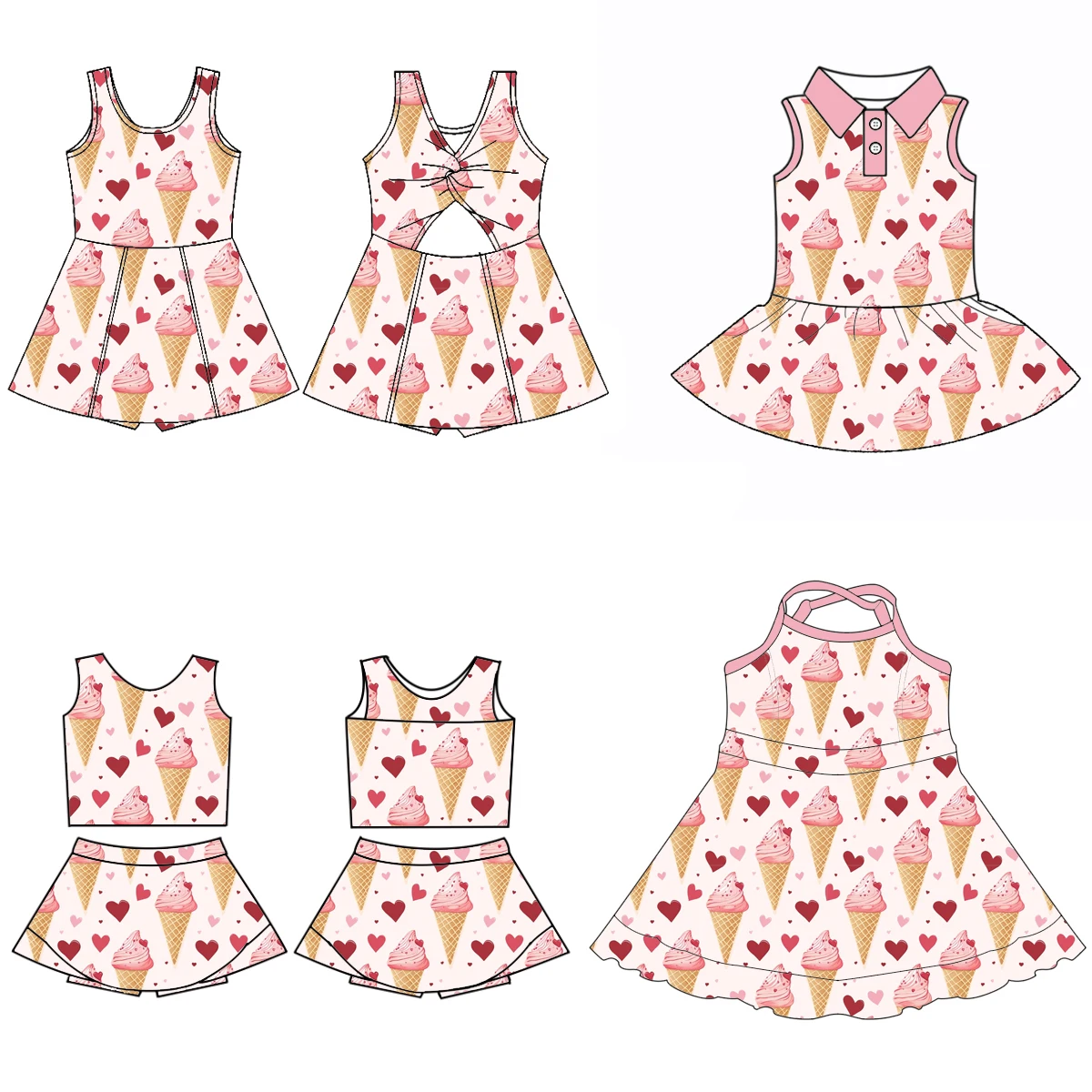 New 4-piece Valentine's Day suspender dress sleeveless shorts lined girl suit love cartoon print boutique children's suit
