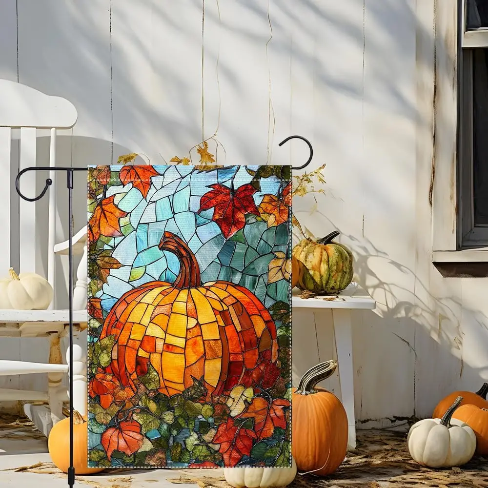 Thanksgiving Stained Glass Pumpkin Garden Flag Fall Garden Flags Autumn Yard Outside Decor 12x18 Inch Double Sided Burlap Sm bbp