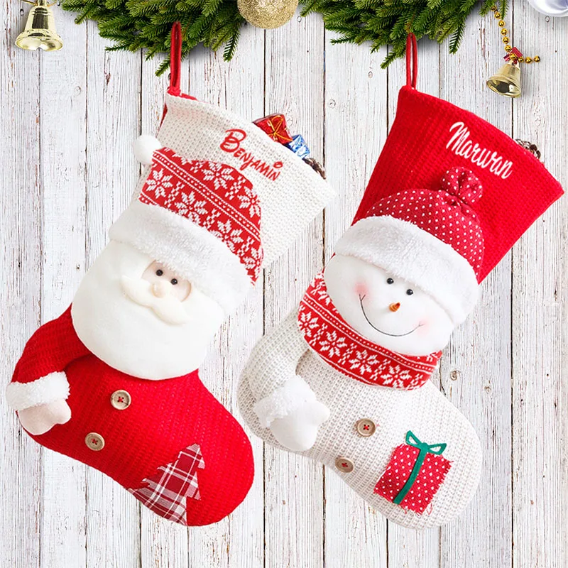 Large Christmas Socks, Red and White Elderly Snowman Knitted Gift Bag, Personalized Embroidery Name, Christmas Children's Gif