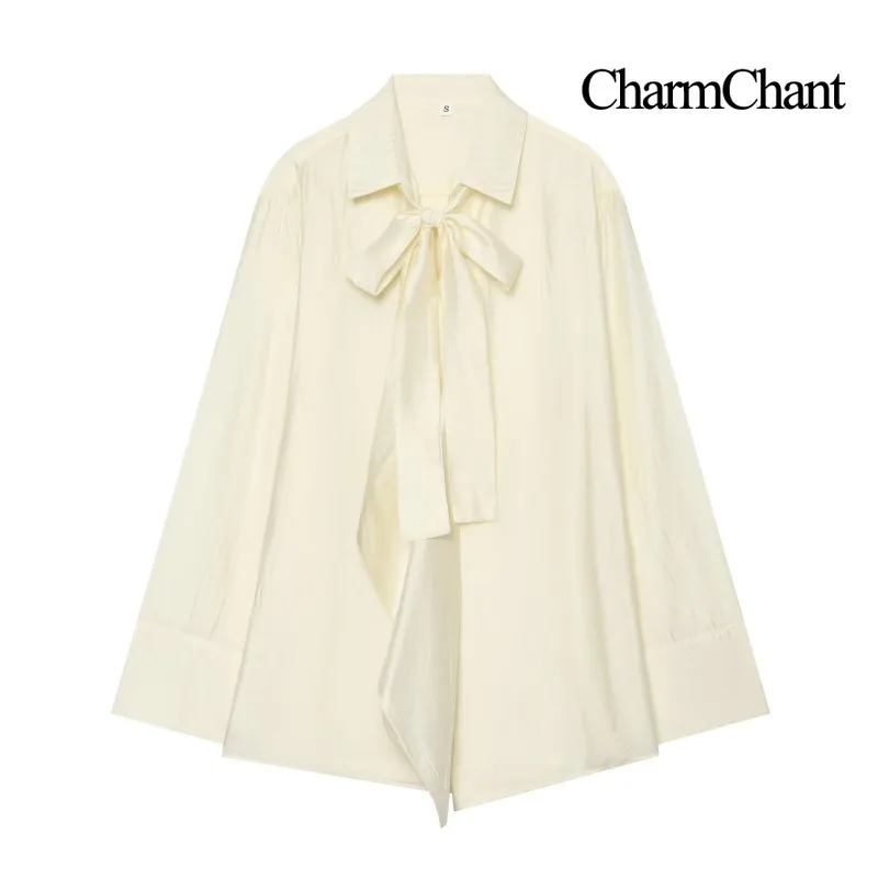 CHARMCHANT Women's Blouse Satin Look Bow Tie Collar Loose Batwing Sleeve Long Button Down Casual Elegant Shirt Top Autumn 2026