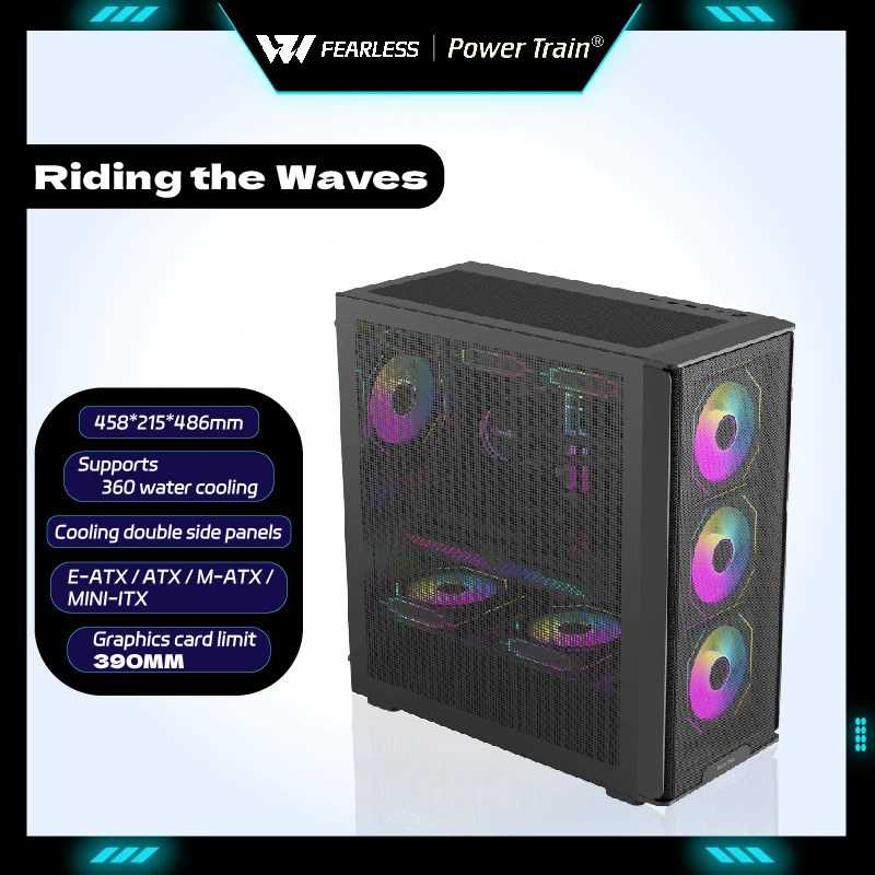 Gabinete gamer Power Train Riding the Waves para PC, compatível com placas E-ATX/ATX, painel de resfriamento duplo, com suporte para cooler de água de 360mm.