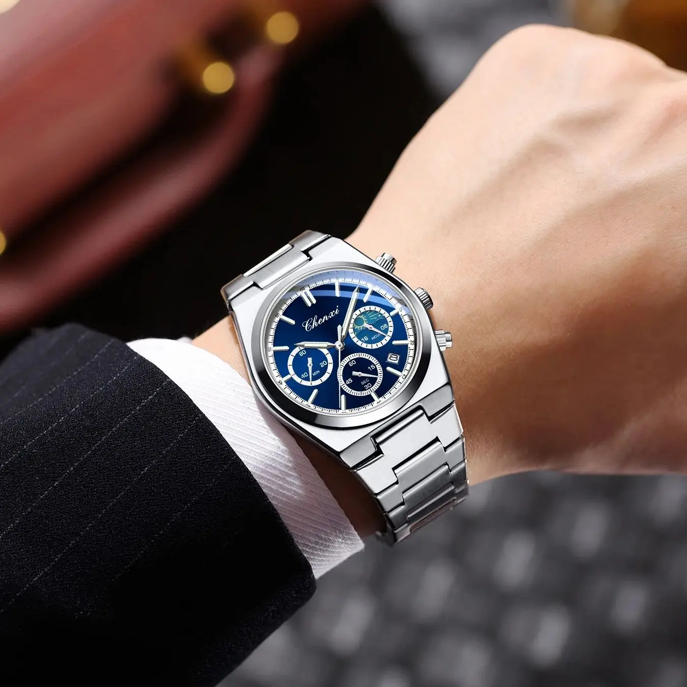 

CHENXI мужские часы, многофункциональные кварцевые наручные часы, ночник, календарь, фаза Луны, водонепроницаемые часы для мужчин, высокое качество